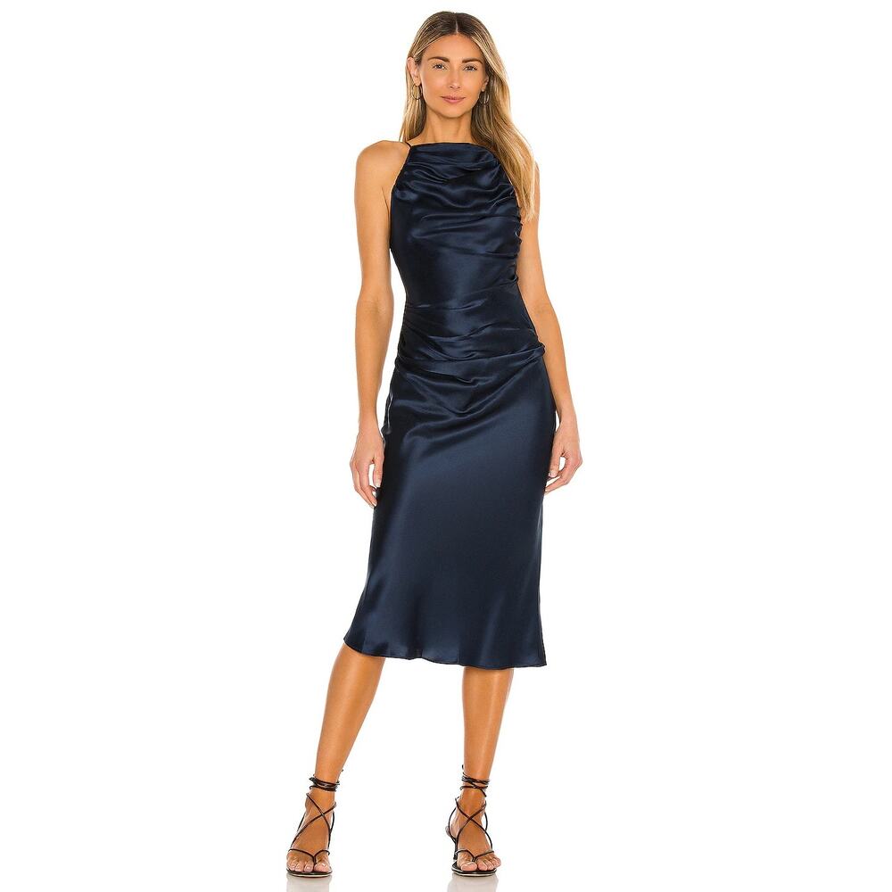 Amanda Uprichard Women's Ruched Georgina Dress Sleeveless Navy Size Small